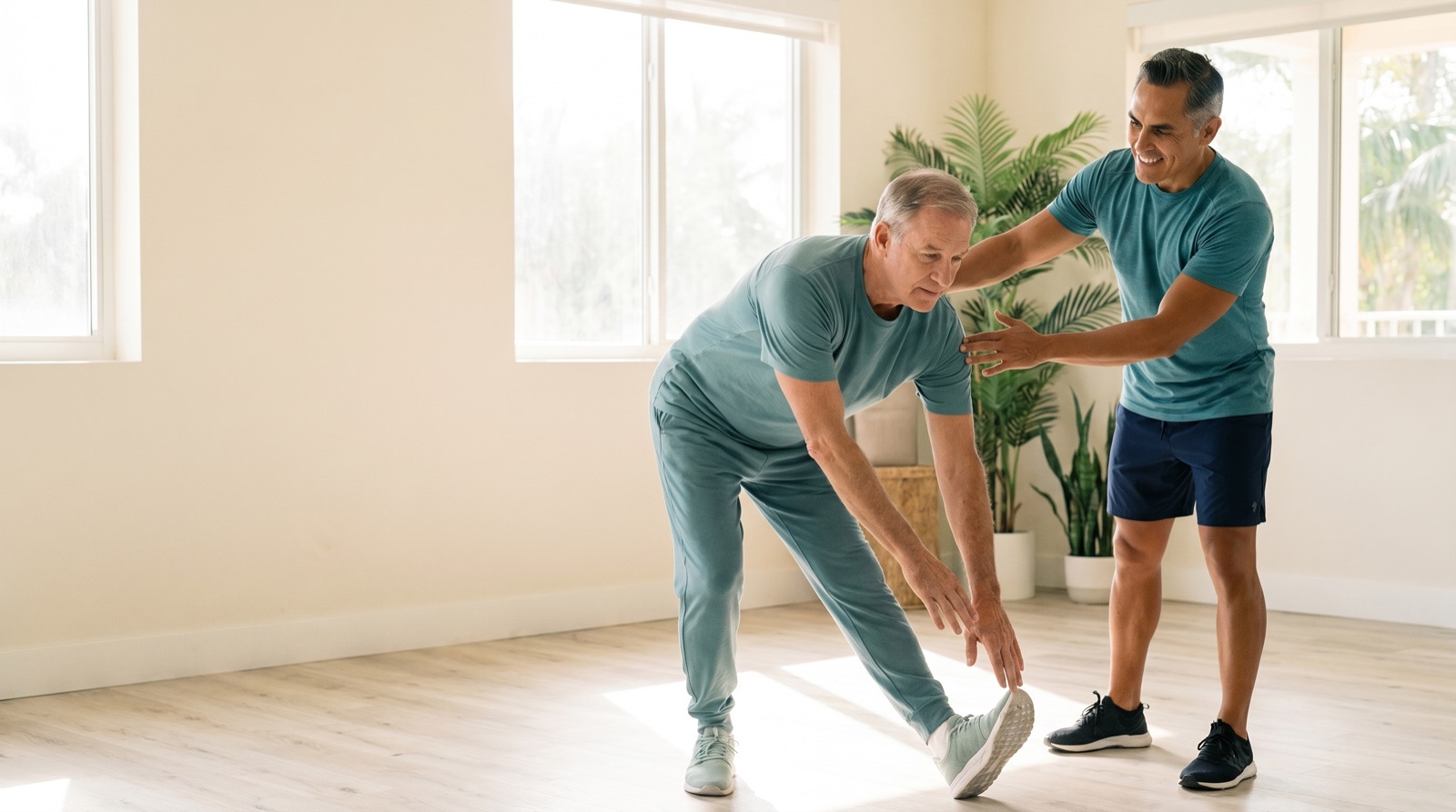 Adult over 60 doing a guided warm-up stretch with a personal trainer in a bright Miami studio