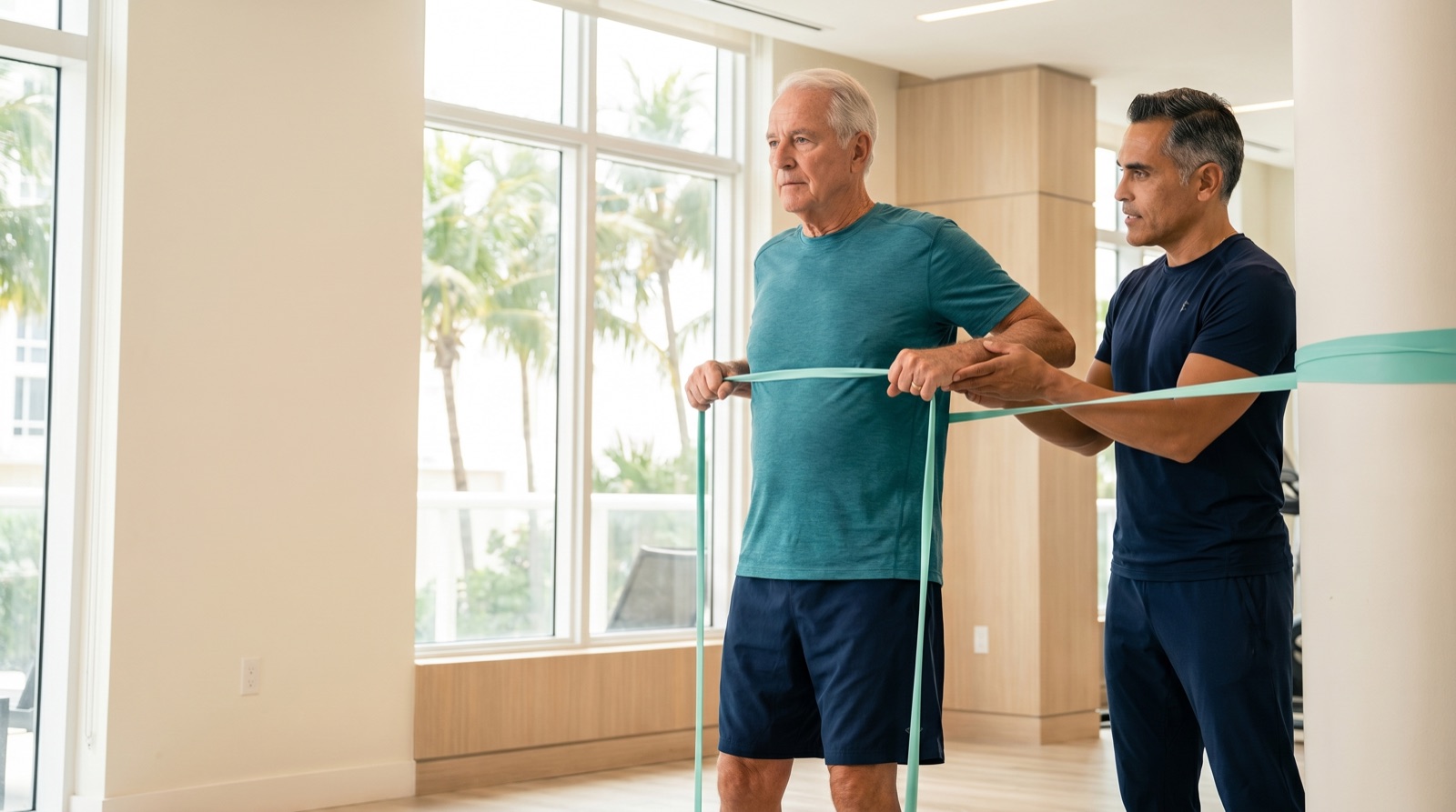 Senior doing a guided resistance-band strength exercise with a personal trainer in a Miami condo gym